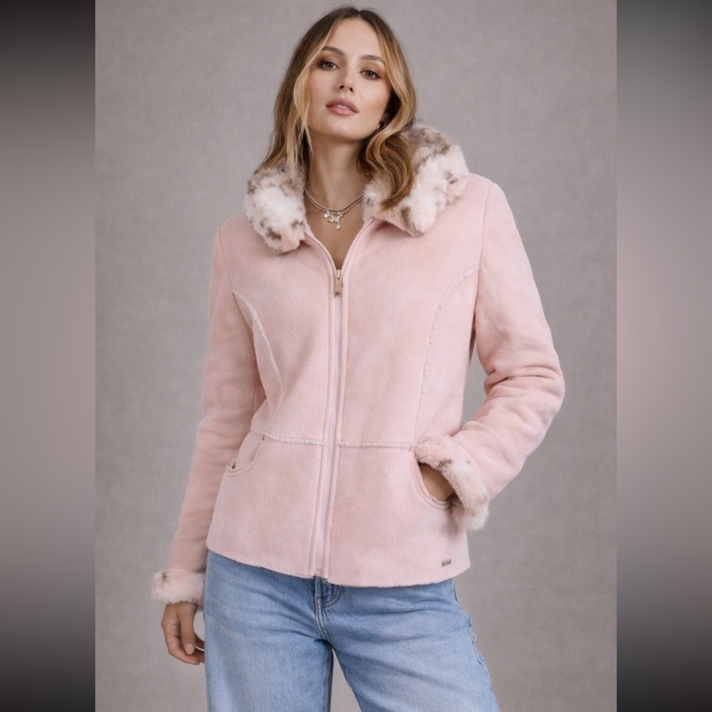 Y2K Jacket Coat L.E.I. Pink Suede Shearling Coat Size Large